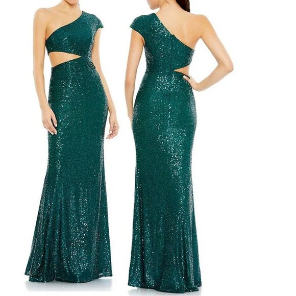 Mac Duggals Teal Green Sequined One Shoulder Cut Out Gown Women's Size 2 New - Picture 1 of 7